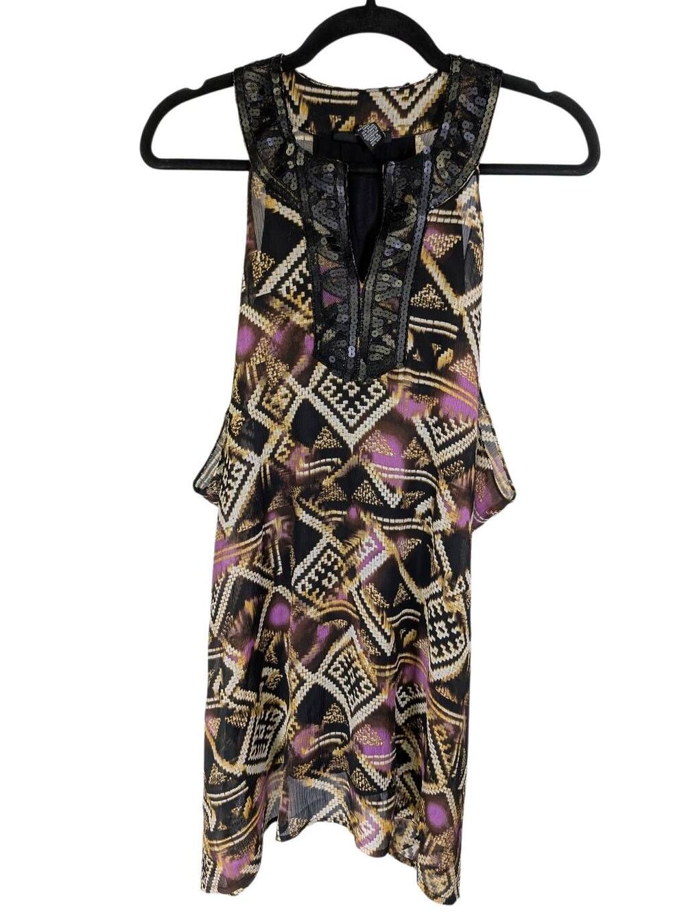 Alfani Tribal Print Black Sequin Neckline A-Line Dress Size 4